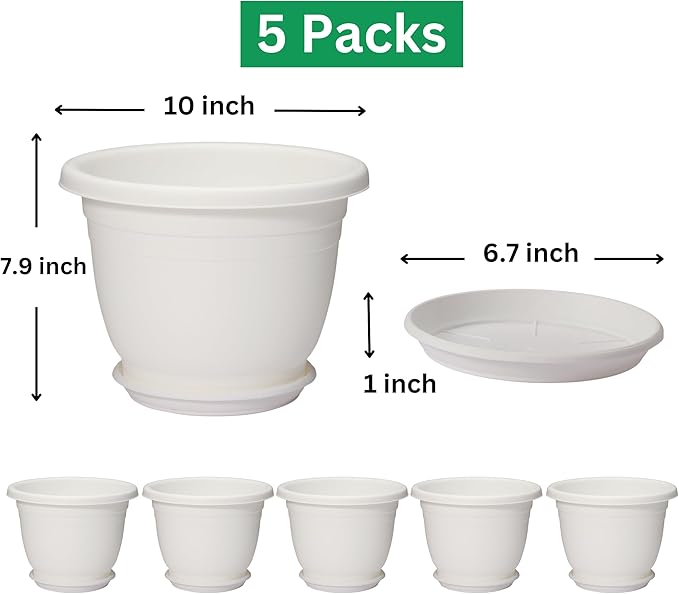 5 Packs 10 inch Plant Pots + Saucer Planters for Indoor &amp Outdoor Plants with Drainage Holes | Plastic Flower Pots Large Planter (Beige 10 inch)