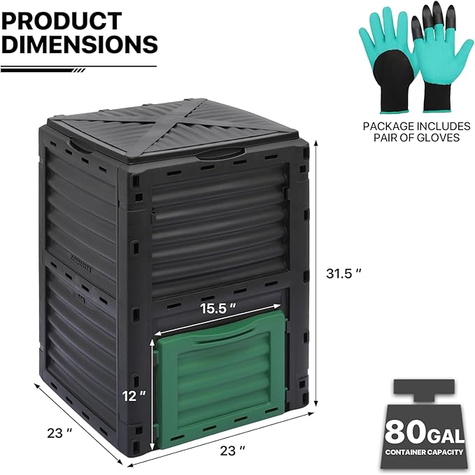 MoNiBloom 80 Gallon Large Compost Bin BPA Free Outdoor Composting Tumblers for Garden Patio All-Season Fast Working Rotating Chamber Composters for Garden Patio w/Sliding Door