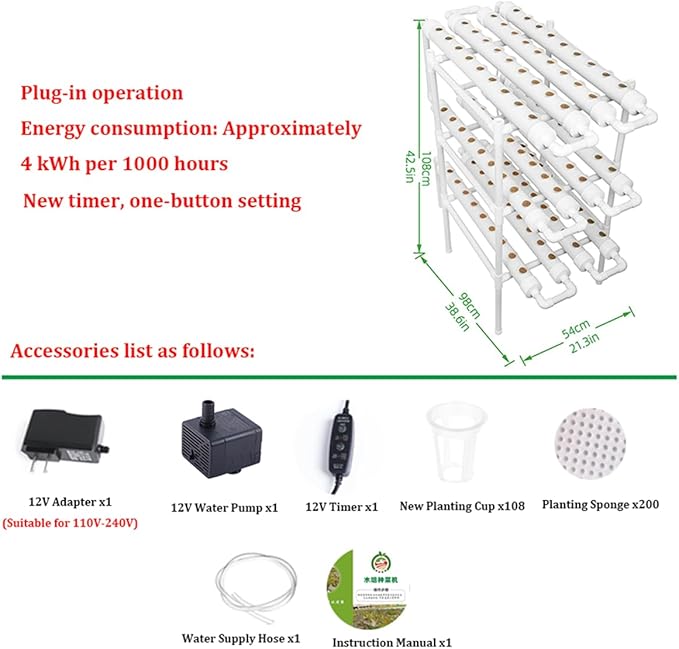 Hydroponics Growing System KitBalcony-Type Hydroponic Vegetable Growing MachinePVC Plant Sites with 108 Plant SitesGardening System Grow Kit with Water Pump Timerfor VegetablesFruitsHerbA