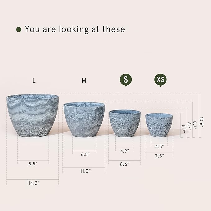 LA JOLIE MUSE Flower Pots Outdoor Garden Planters Indoor Plant Pots with Drainage Holes Plastic Marble Pattern Grey Set 2 (8.6 + 7.5 Inch)