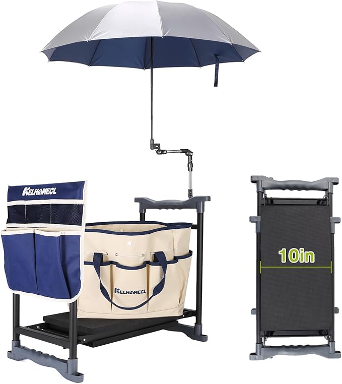 Garden Kneeler and Seat with Umbrella 2-in-1 Foldable Gardening Stool with Adjustable Bracket Detachable Tool Bags Heavy Duty Kneeling Pad for Gardening (Beige Blue)