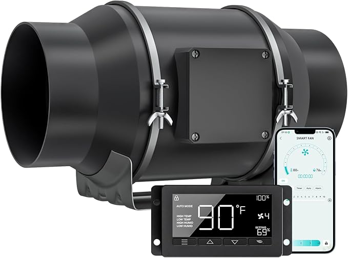 Toolazy 6 Inch Inline Duct Fan with Smart Controller 405 CFM Quiet EC Motor Ventilation Fan with Temperature Humidity Sensor Exhaust Fan for Grow Tent Hydroponics HVAC Indoor Gardening