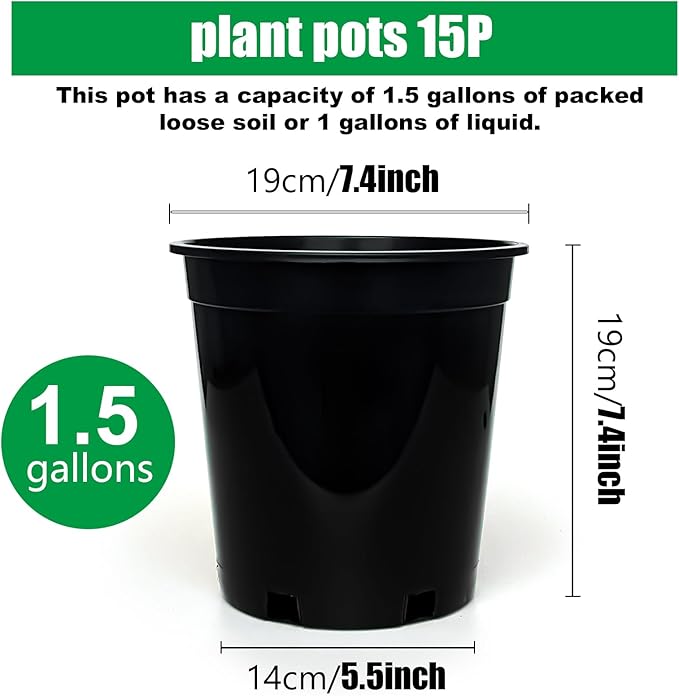 1.5 Gallon Plastic Nursery Pots 7.5 Inch Round Plant Pots with Drainage Holes 15 Pack Flower Pots for Outdoor Indoor Plants Flowers Gardening Gifts for Women Black