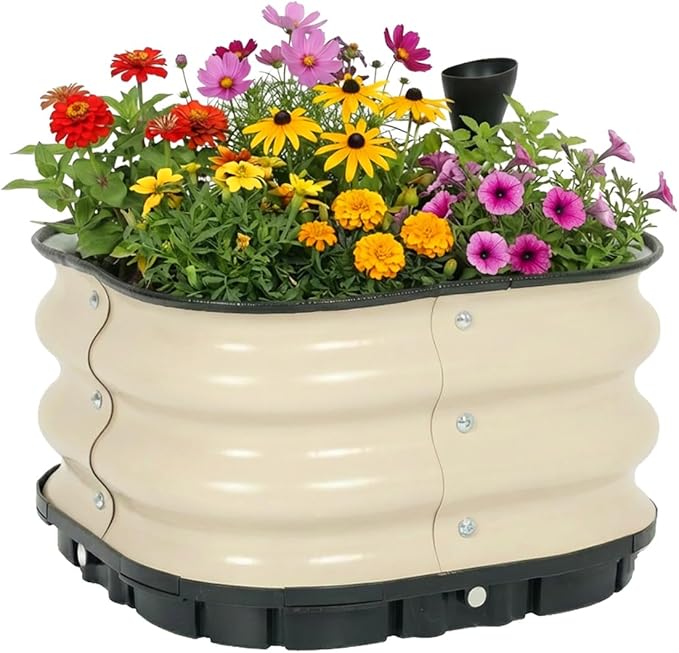 Aoodor Galvanized Raised Garden Bed 16.5'' Self-Watering Planter Box with Drainage Plug and Water Reservoir for Indoor &amp Outdoor Gardening Self-Watering Pot for Balcony Patio Backyard Beige