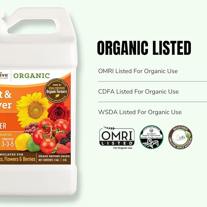 AgroThrive Fruit and Flower Organic Liquid Fertilizer - 3-3-5 NPK (ATFF1320) (2.5 Gal) for Fruits Flowers Vegetables Greenhouses and Herbs