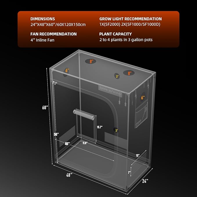 Spider Farmer 4x2 Grow Tent 2025 New 48x24x60 with Hook for Controller and Power Strip Enlarged View Window 1680D Thicken Mylar Canvas for Indoor Hydroponic Growing for SF2000 SE4500 G4500