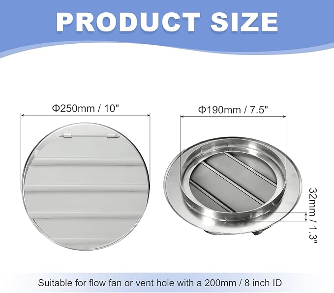 PATIKIL 8 Inch Aluminum Vent Cover Louver Shutter Exhaust Fan Louvered Vent Automatic Gravity Round Grill Self-Closing Vent Cover for Greenhouse Industrial Exhaust HVAC System White
