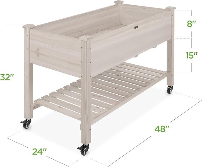 Best Choice Products Raised Garden Bed 48x24x32-inch Mobile Elevated Wood Planter w/Lockable Wheels Storage Shelf Protective Liner - White