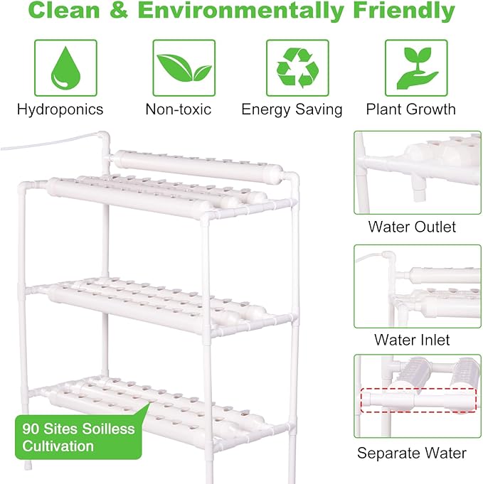 Upgraded Hydroponics Growing System Kit 90 Plant Sites 3 Layer 10 Food-Grade PVC-U Pipes with Water Pump Timer Nest Basket and Sponge Hydroponic Planting System for Leafy Vegetables