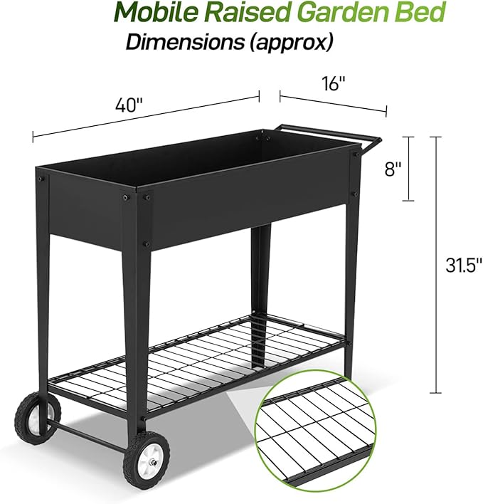 GARFANS Raised Garden Bed Metal Raised Planter Box Outdoor with Legs 2 Wheels and Shelf Elevated Garden Bed Box for Vegetable Indoor Herb Flower Backyard Patio 40 L x 16 W x 31.5 H