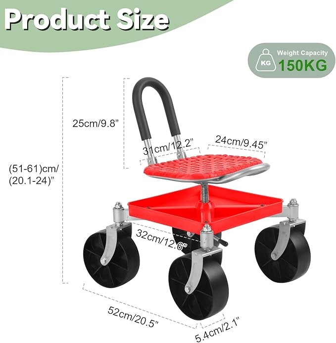 Rolling Garden Work Seat with Wheels Gardening Stool for Planting 360°Swivel Caster Tool Tray Backrest Height Adjustable Rolling Work Seat for Outdoor Patio and Yard Red