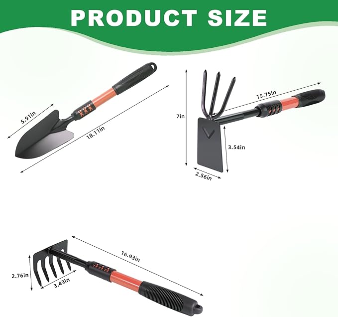 Garden Tool Set 3 Pack Lightweight Heavy Gardening Kit Including Hand Shovel Transplant Shovel and Hand Rake with Soft Rubber Non-Slip Handle for Planting Weeding Digging Orange ﻿