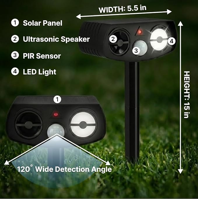 AWISH Solar Ultrasonic Animal Repeller Outdoor Motion Sensor Waterproof Pest Deterrent Raccoon Skunk Fox Squirrel Gopher Rabbit Dog Repellent for Yard Garden Farm 40ft 120° Coverage 2 Pack Black