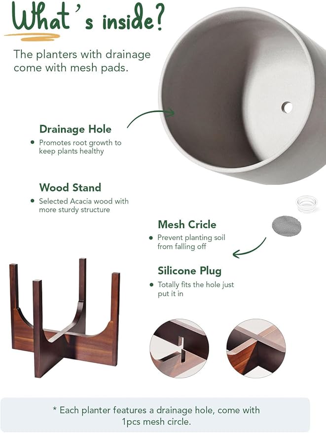 LE TAUCI 10 Inch Planter with Acacia Wood Stand Ceramic Planters for Indoor Plants Unique Plant Pots Indoor for Home Decor Cylinder Pots for Plants with Drainage Hole and Plug Neutral Gray