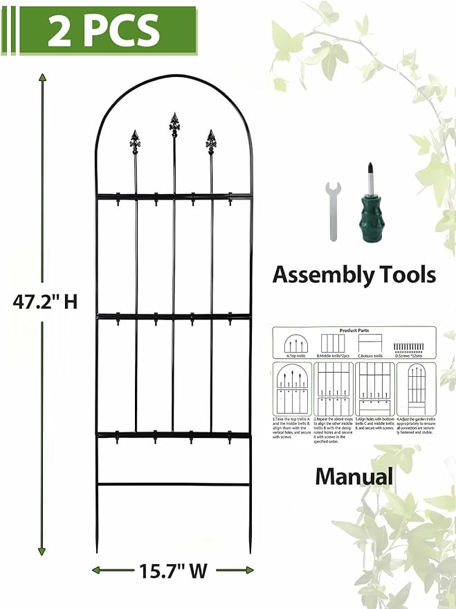 2 Pcs Garden Trellis for Climbing Plants Outdoor - 47'' H x 15.7'' W Rustproof Plant Metal Support Wire Decorative Lattice Panels for Climbing Vine Rose Ivy Cucumbers Flowers
