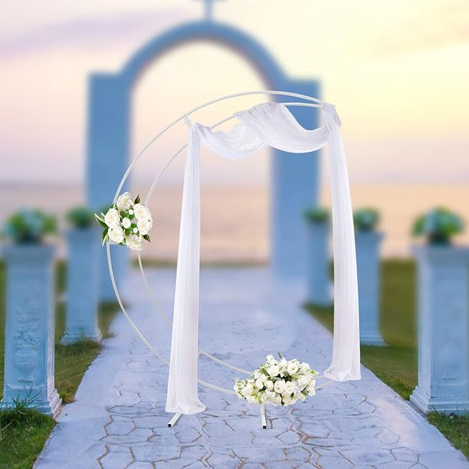 Wedding Arch Backdrop Stand 7ft White Metal Crescent Moon Wedding Arch Stand Curved Flower Balloon Frame for Wedding Birthday Party Anniversary Decorations (White)