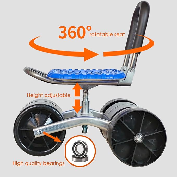 Garden Seat with Wheels Garden Cart Rolling Stool 360 Degree Swivel Foldable Gardening Seat with Adjustable Height Garden Cart for Outdoor Use