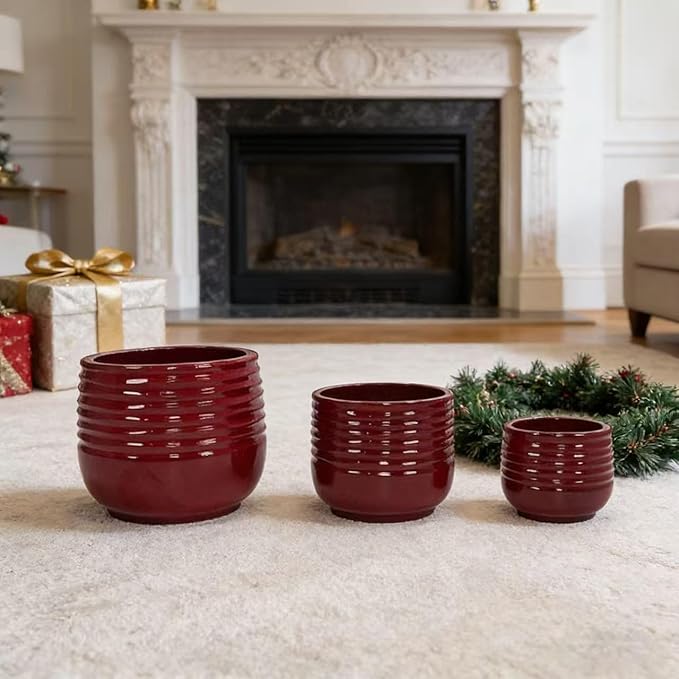 Handmade Glazed Ceramic Planter Set of 3 15118 Inch Diameter Horizontal Groove Pattern for Succulents Flowering Plants Outdoor G Indoor Staircase Bookshelf Use Breathable Clay Deep Red