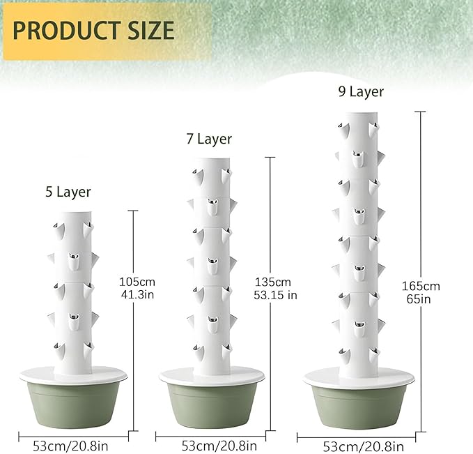 Hydroponics Tower Indoor Growing SystemTower Indoor/Outdoor Smart Hydroponicwith 36 Plant Holes Timerfor BalconiesCourtyards.5/7/9 Layers. Green-9layers