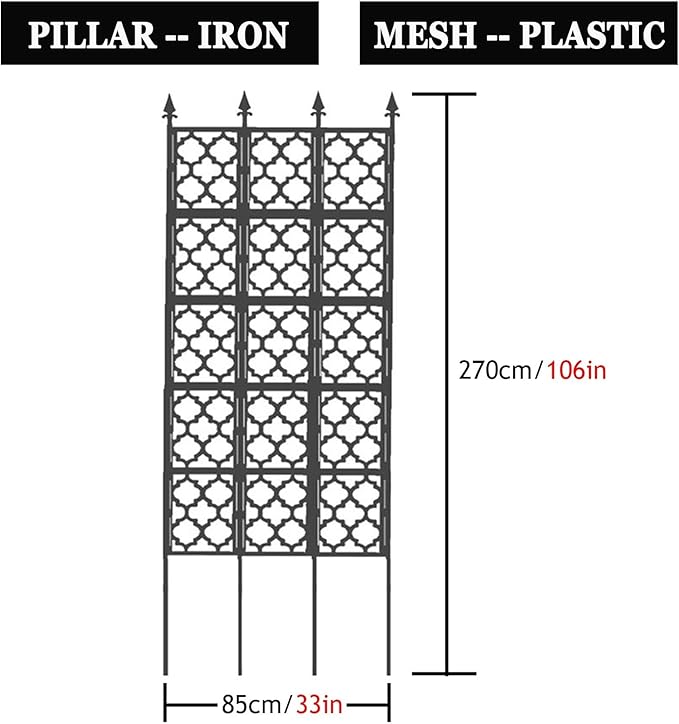 LTSRLL Decorative Fence - 1.5m/4.9ft 1.9m/6.2ft 2.30m/7.5ft 2.7m/8.8ft Tall Garden Trellis - Vegetables/Flower Pot Stake for Climbing Plants Support(Black85cmx270cm)