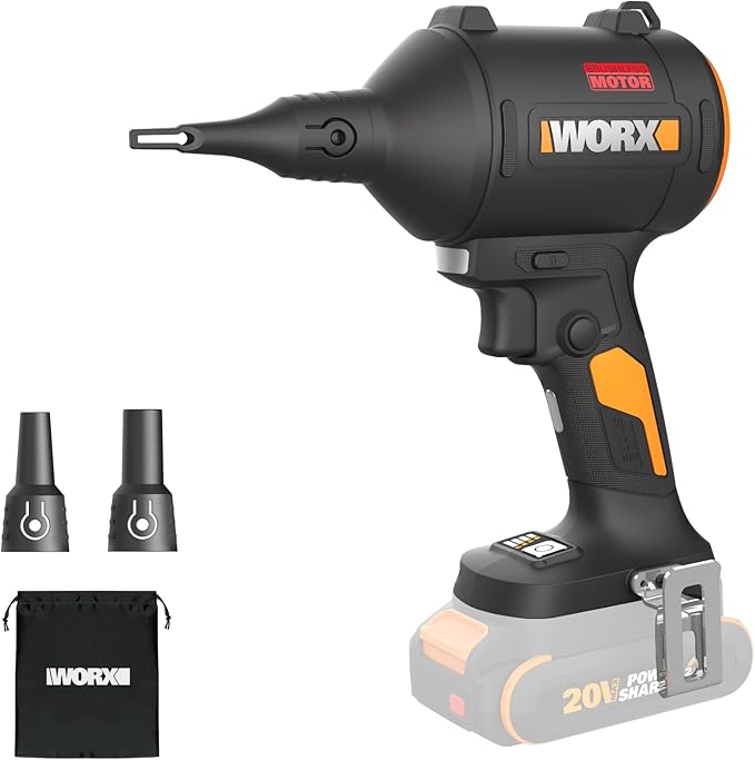 WORX Cordless Blower/Inflator 20V 39 CFM 470 MPH Brushless High Speed Portable Dust Cleaner for Workshop Lawn Yard Home Lightweight Handheld Blower Tool Only PowerShare