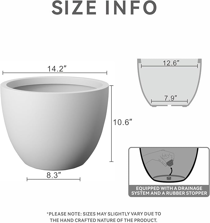 Kante 14.2 Inch Round Concrete Planter - Classic Large Indoor/Outdoor Plant Pot with Drainage Hole and Rubber Plug Suitable for Gardens and Patios White