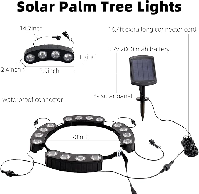 Solar Palm Tree Lights Outdoor 2000MAH Ring LED Landscape Uplights for Tree IP65 Waterproof 2-In-1 (Sticked&ampTied) Upgraded COB Flood Spotlights for Pathway Garden Yard Decor（Warm-White）