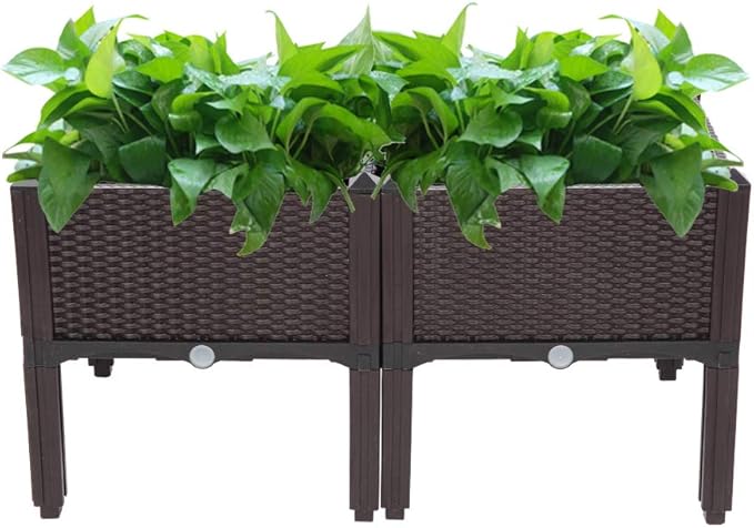 Outdoor 2Pcs Plastic Raised Garden Bed Self-Watering Plastic Planter Garden Free Splicing Injection Planting Box Stand (Brown)