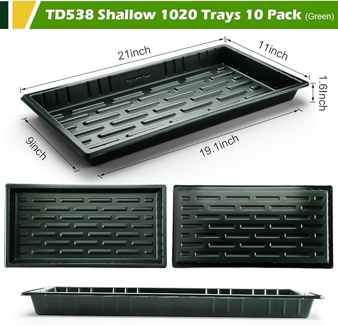 10 Pack Heavy Duty 1020 Trays No Holes - 1.6 Inch Deep Shallow Nursery Flats Reusable Seed Starter Trays for 72/128 Cell Inserts Microgreens Seedling and Hydroponics (Dark Green)