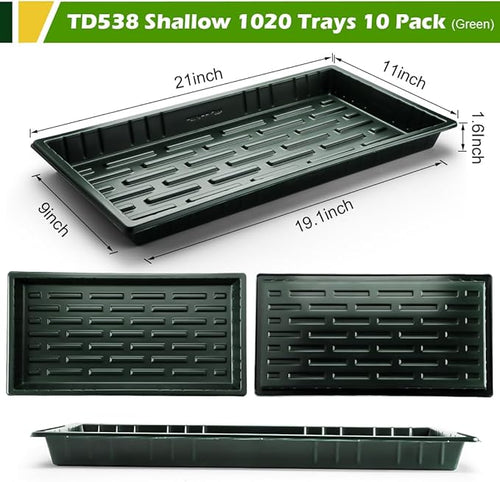 10 Pack Heavy Duty 1020 Trays No Holes - 1.6 Inch Deep Shallow Nursery Flats Reusable Seed Starter Trays for 72/128 Cell Inserts Microgreens Seedling and Hydroponics (Dark Green)