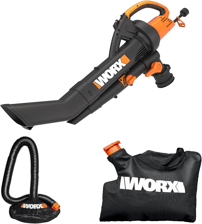 WORX Trivac 3 in 1 Electric Leaf Blower for Lawn Care Leaf Vacuum with 350 CFM &amp 210 MPH Leaf Mulcher with Metal Impeller Reusable Bag Included WG505.2