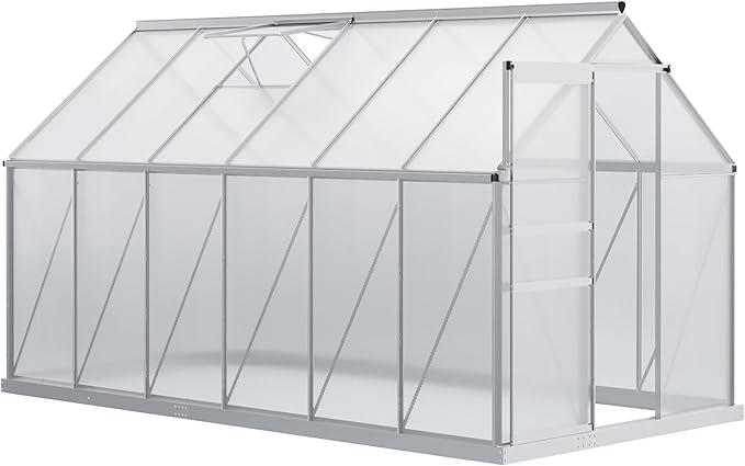 Outsunny 6' x 12' x 6.5' Polycarbonate Greenhouse with Adjustable Roof Vent Walk-in Heavy Duty Green House Kit with Aluminum Frame Sliding Door and Rain Gutter for Winter Silver