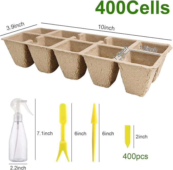 SYITCUN 400 Cells Seed Starter Tray 40 Pack Biodegradable Seed Starter Kit Peat Pots for Seedlings with 400 Plant Labels 2 Seed Planting Tool and 1 Spray Bottle