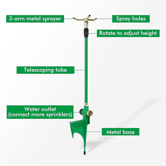 RESTMO 3-Arm Sprinkler with Adjustable Telescoping Base 360 Degree Rotation High-Rise Lawn Sprinkler for Large Area Coverage Gardening Watering System Sprinklers Lawn Irrigation System