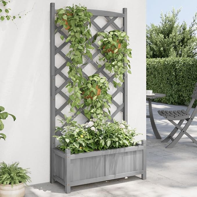 vidaXL Solid Fir Wood Planter with Trellis - Gray Raised Garden Bed/Outdoor Rectangular Flower Box for Climbing Plants - Patio and Garden Decor 29.5x13.8x59.1 inches