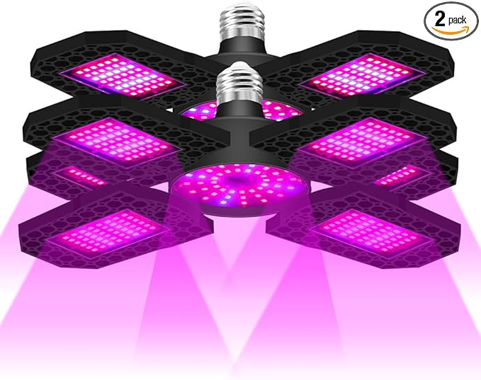 2 Pack 600W Foldable Full-Spectrum Plant Growth Lights E26/E27 LED Greenhouse Hydroponic Lamps Indoor Plant Luminaires Red-Blue Spectrum for Herb Vegetable Cultivation Growth Chamber Supplement Light