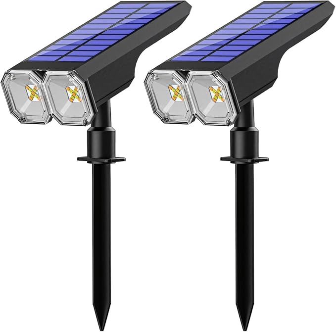 Outdoor Solar Spotlights 2 Pcs Eight RGB Light Choices 90° Head Adjustable for Garden Garage Patio Pathway Waterproof Solar Charge Abs Material