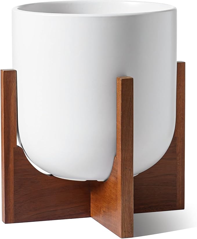 LE TAUCI 10 Inch Plant Pot with Acacia Wood Stand Ceramic Planters for Indoor Plants Unique Plant Pots Indoor for Home Decor Mid-Century Modern Pots for Plants with Drainage Hole and Plug White