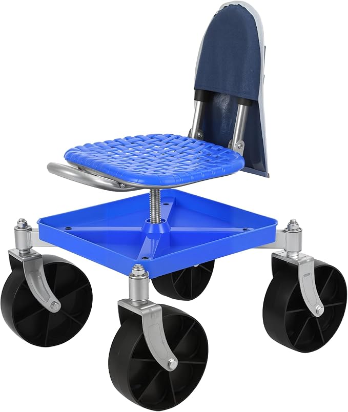 Rolling Garden Cart on Wheels Foldable Garden Seat Rolling Stool with Storage Shelf Adjustable Height 360 Degree Swivel Seat Outdoor Lawn Yard Work Seats Utility Stool Cart (Blue &amp Storage)