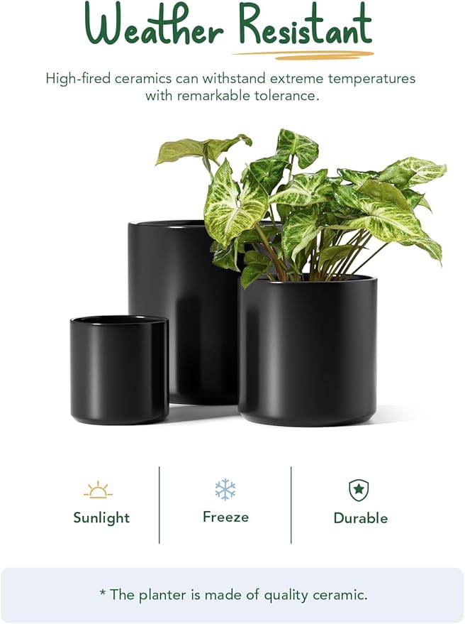 LE TAUCI Ceramic Pots for Plants 10/8/6 Inch Indoor Planters with Draiange Hole Silicone Plug &amp Mesh Pad Modern Minimalist Pots for Home Office Set of 3 Satin Black