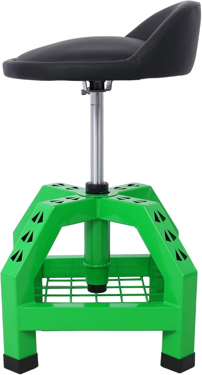 Rolling Shop Stool for Garage with Tool Storage Lower Shelf Ergonomic Padding Lumbar Support 360° Swivel Shop Seat Green