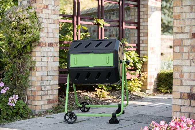 FCMP Outdoor HOTFROG Mobile Dual Chamber Tumbling Composter with Wheels - Outdoor Rotating Garden Compost Bin (HF-IM4000-WK) Black &amp Green (37-Gallon)