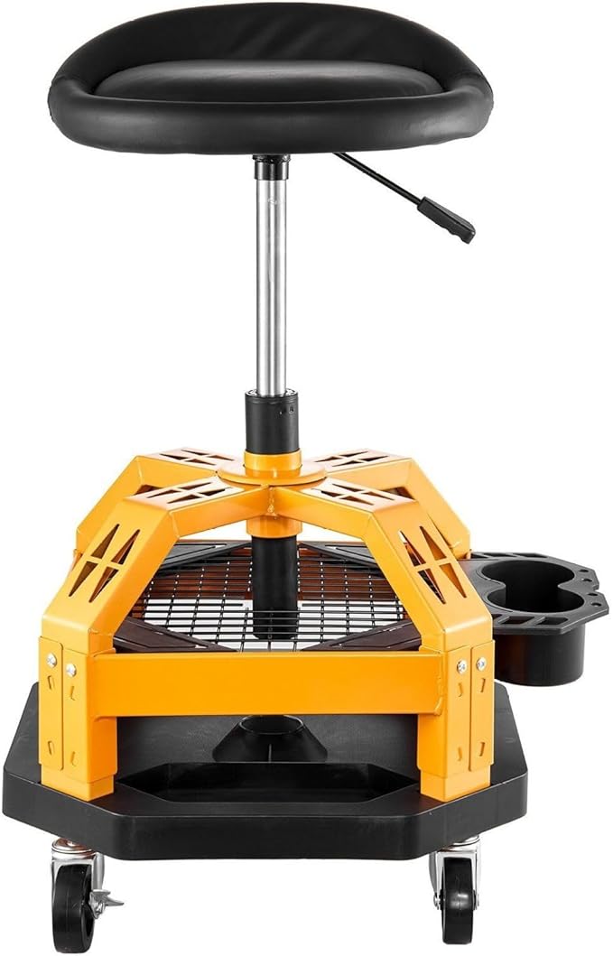 Rolling Shop Stool Heavy-Duty Garage Work Seat 300 Lbs Capacity Adjustable Height Dual Trays 360° Casters