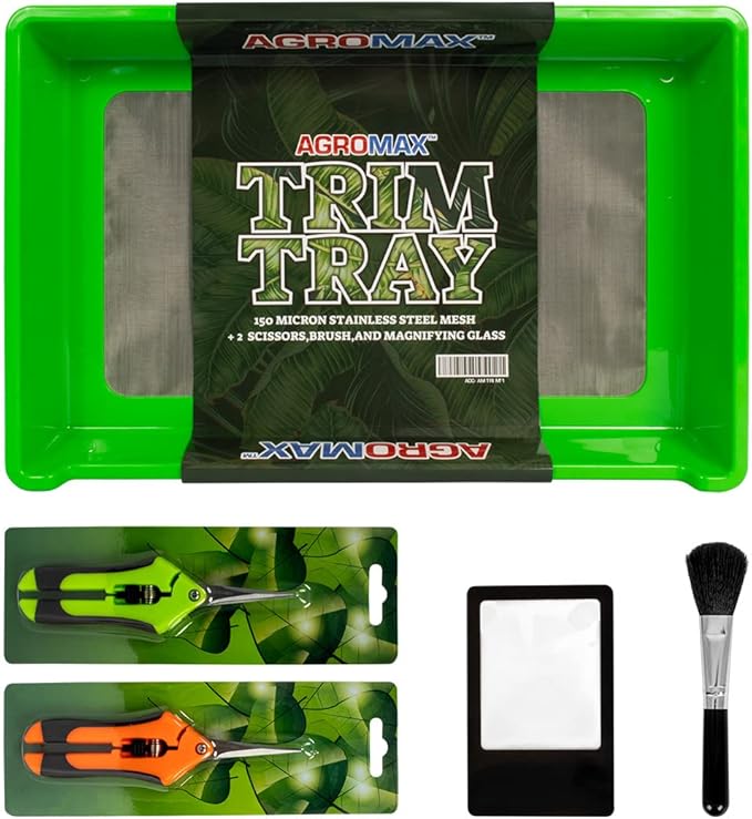2-in-1 Trimming Tray with 150 Micron Mesh Sift Screen - Includes 2 Scissors Magnifying Glass and Brush