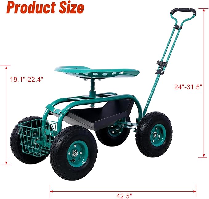 Anwick Rolling Garden Work Seat with Wheels Gardening Stool for Planting 360 Degree Swivel Seat Scooter with Steering Handle &amp Tool Tray/Basket Garden Chair for Outdoor Patio and Yard (Green)