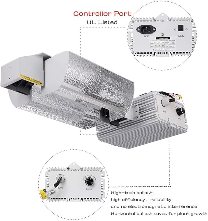 Raylux Grow Light System Kits with Controller Port1000 Watt DE Double Ended HIDOpen Style Reflector with 220V Digital Dimmable Ballast - Bulb Not Included