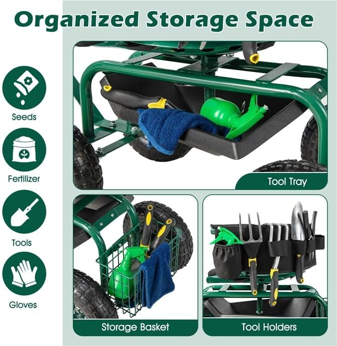ERGOMASTER Garden Cart Rolling Workseat with Wheels2 Steering Handles360 Degree Swivel Seat &amp Tool Storage Use for Patio Yard and Outdoors Workseat Green