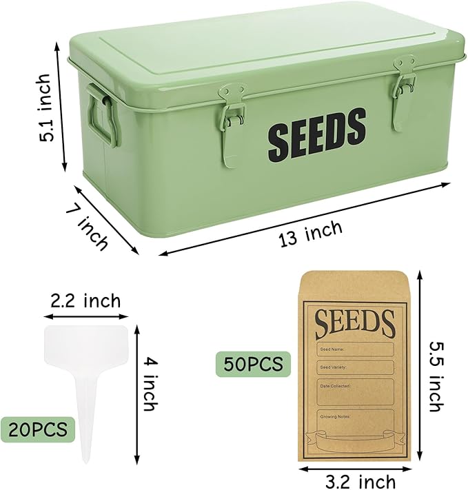 Seed Storage Organizer Box with 4 Compartments Large Metal Seed Packet Container with Lid &amp Safety Locks Garden Seed Bin for Saving Seeds with 50 Plant Labels 20 Envelopes
