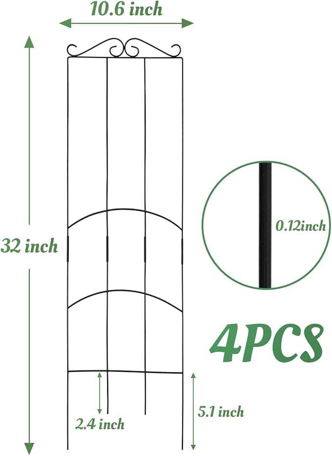 4 Pack 32'' Plant Trellis Indoor - Metal Trellis for Climbing Plants Indoor Garden Trellis for Climbing Plants Outdoor Houseplants Flowers Vine Ivy Rectangular Shape Black