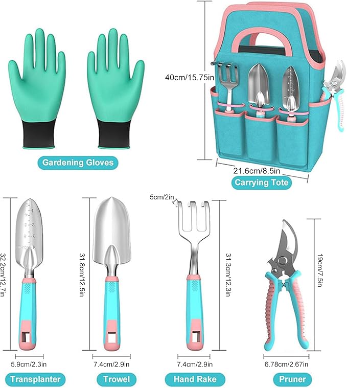 Gardening Tool Kit - Rake Gloves Pruner with Trowel | Garden Hand Tool Set with Tote | for Indoor Outdoor Lawn Backyard Patio Balcony Greenhouse